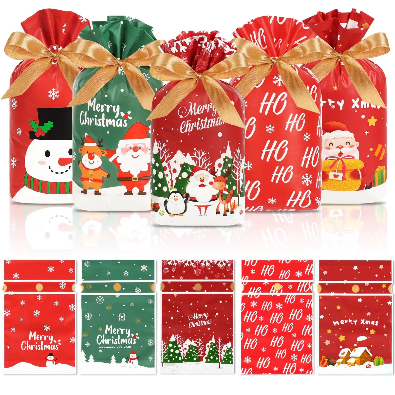 HRX Package 50pcs Christmas Treat Bags Drawstring 5.8x9x2.4inch Holiday Goodie Bags Small Christmas Gift Bags for Candy Cookie gift giving