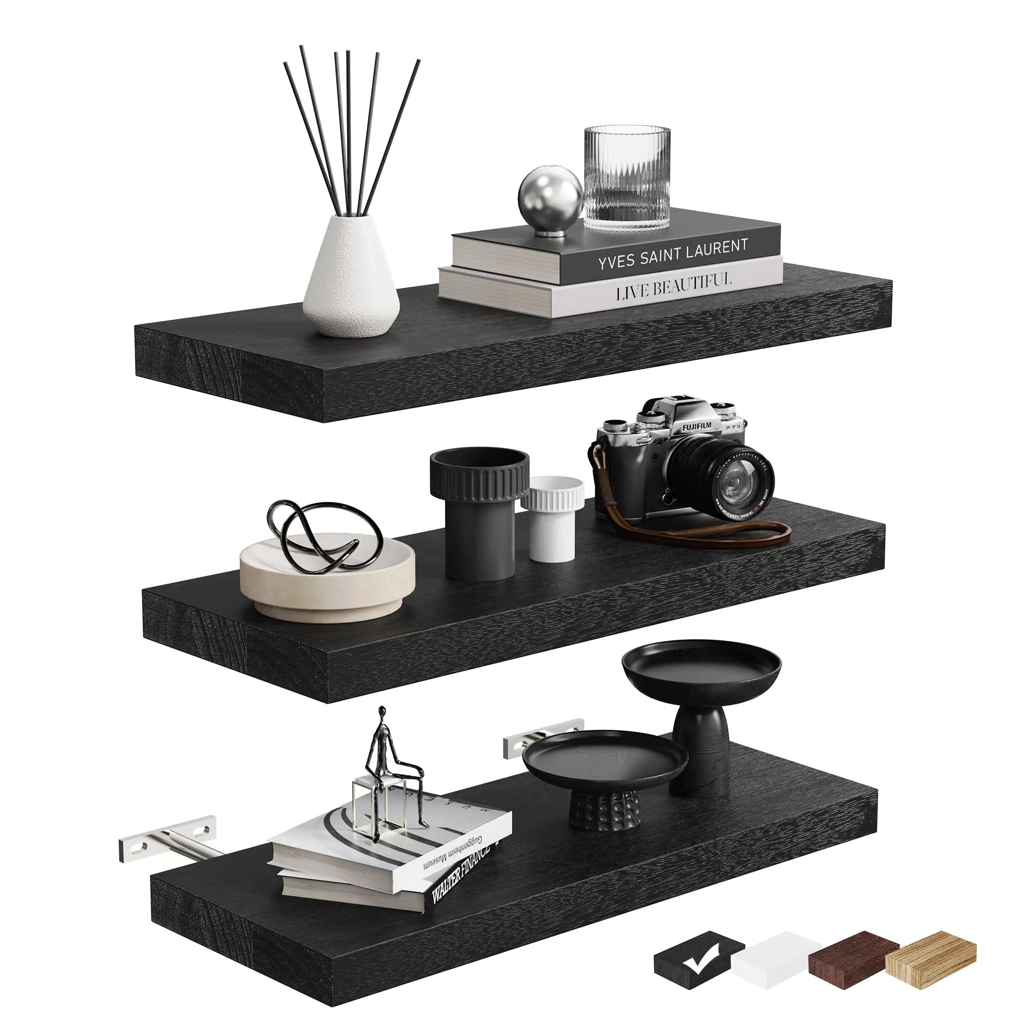 3 Packs Floating Shelves for Wall Storage Minimalist Modern Scandinavian Hogar Living Room Office Plant Decorative Projector Trinket Trophy Gaming Tv Projector Book Home Decor Bookshelf Shelf Black